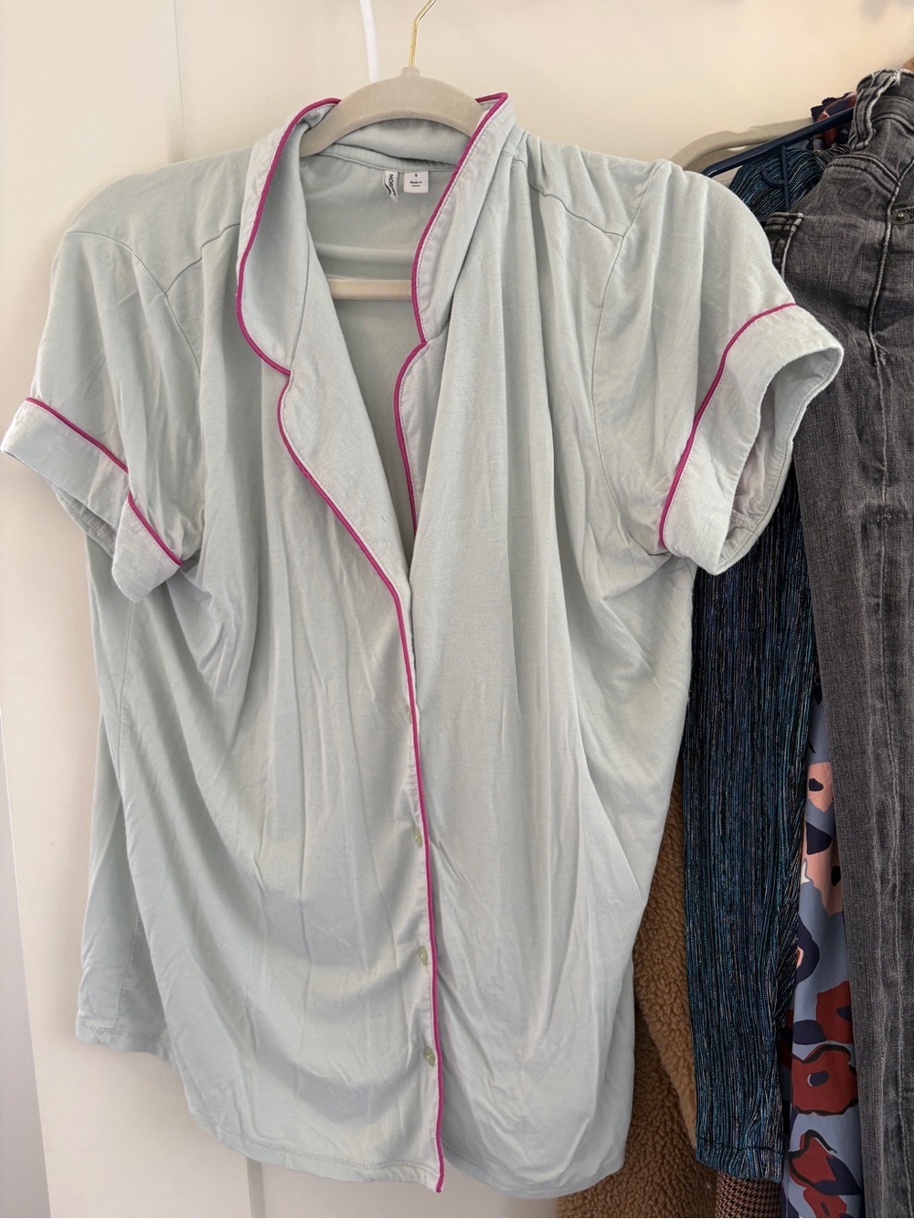 Nordstrom Light Blue Short-Sleeve Pajama Top with Pink Piping